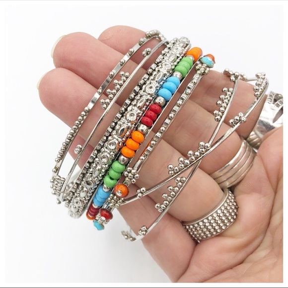 Silver Boho Festival Beaded Bangle Bracelet Set - Picture 3 of 4